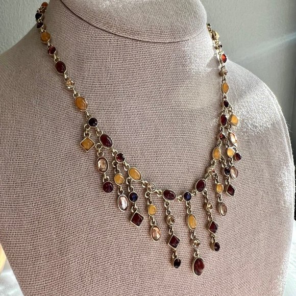 Yellow, Amber, Red Color mixed Cabachon Rhinestone Dangle Gold Tone Necklace - Picture 4 of 11